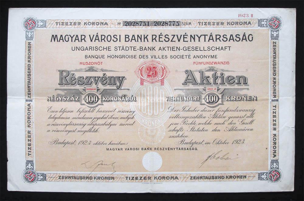 Magyar Vrosi Bank rszvny 25x400 korona 1923 oktber